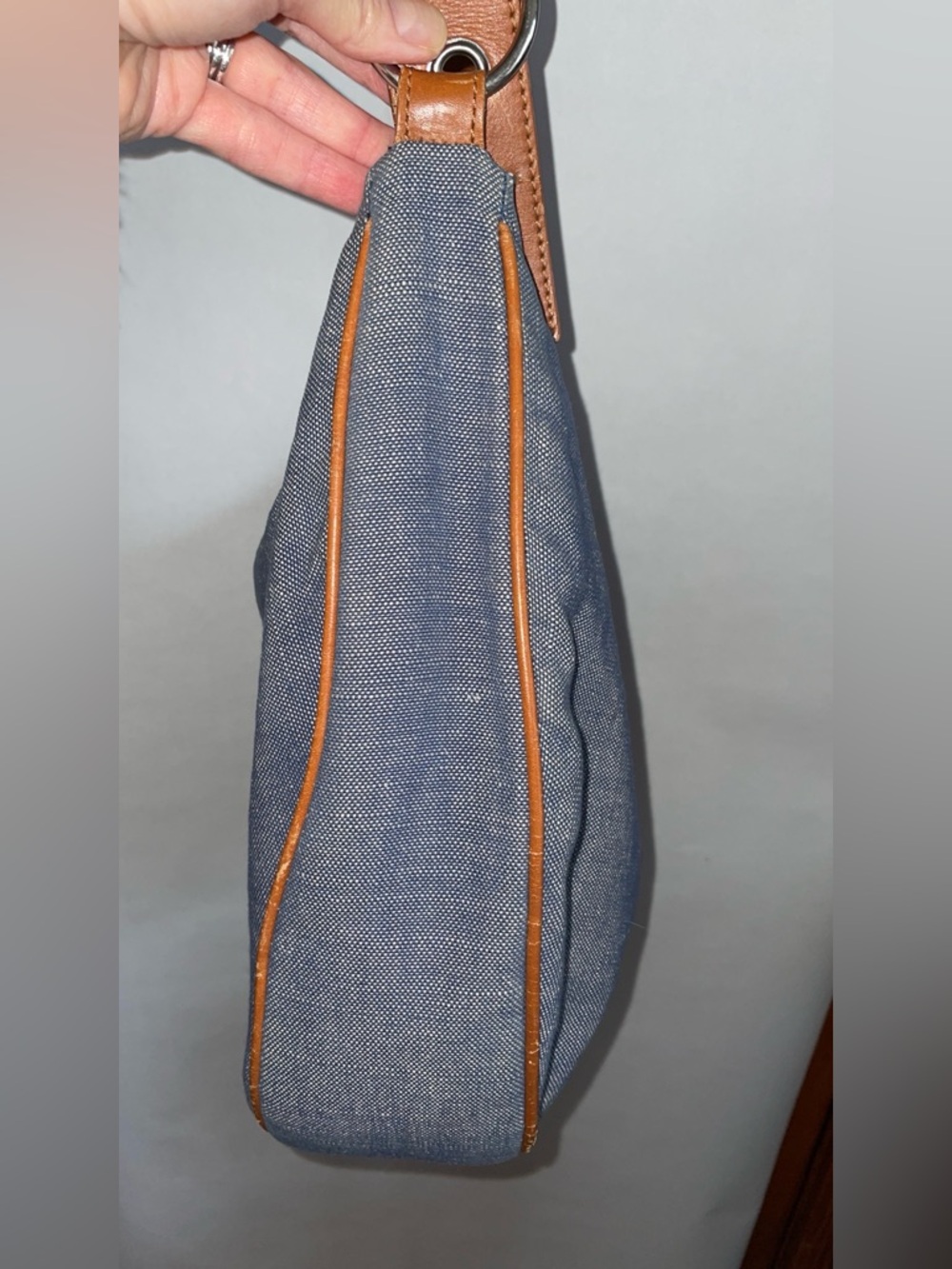 Banana Republic // Blue Canvas Shoulder Bag Crossbody Tan Leather Strap and Trim - Picture 9 of 15